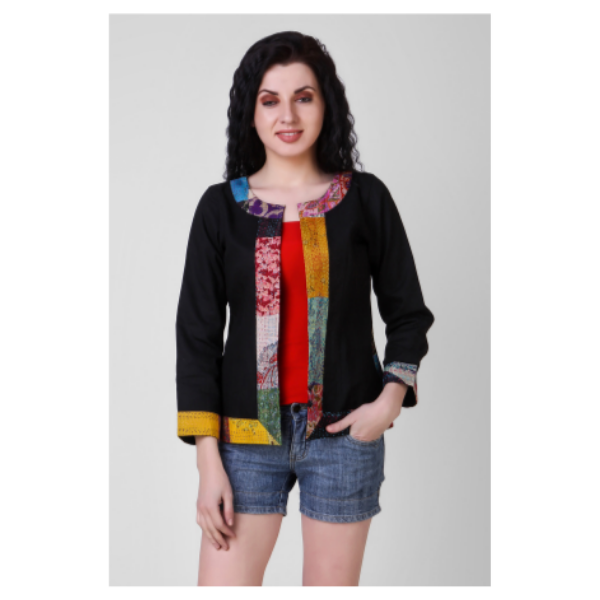 black cotton silk jacket with kantha embroidery